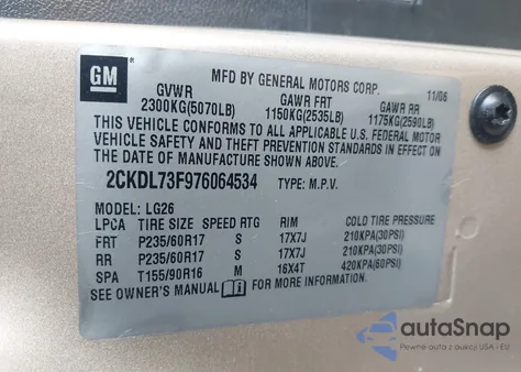 2007 Pontiac Torrent z USA, uszkodzony, nr VIN 2CKDL73F976064534